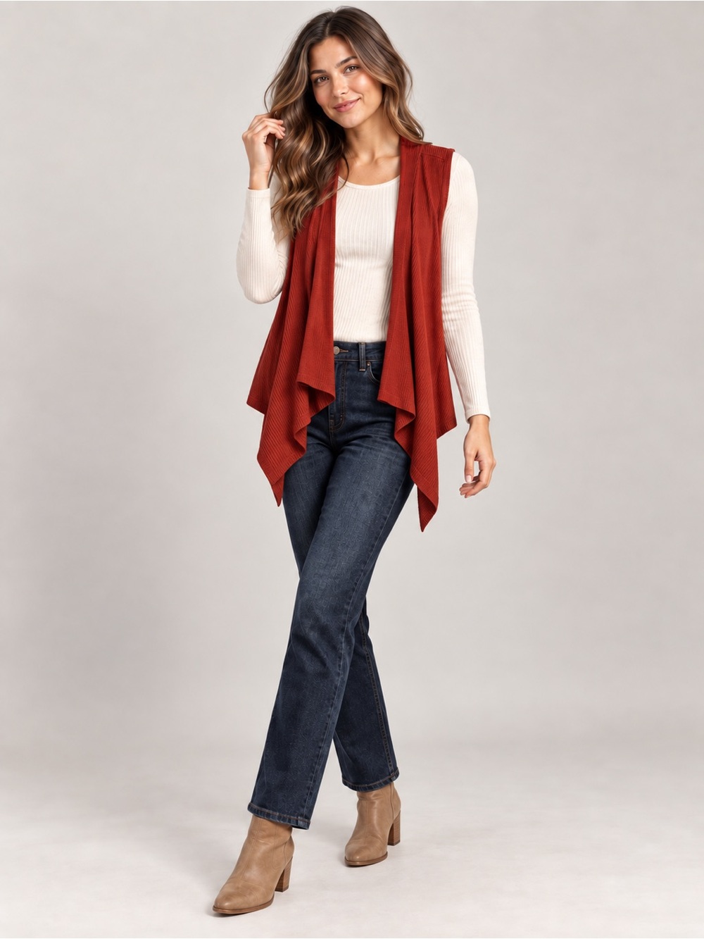 Cato Women’s Large Rust Orange Ribbed Knit Waterfall Open-Front Cardigan Vest
